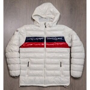 Argonaut Arctic Expedition Puffer Jacket Mens L White Hooded Stripe Gloss Winter